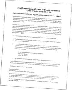 Document outlining the benefits of a Qualified Charitable Distribution (QCD) for the First Presbyterian Church of Bend Foundation.